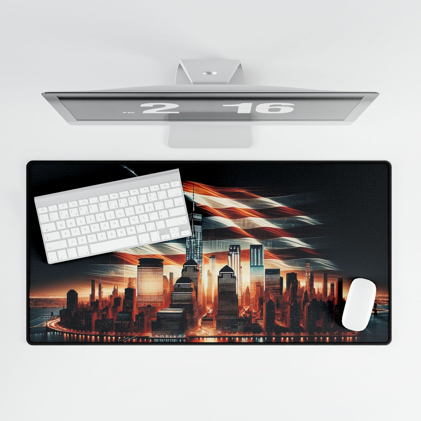 Patriotic Desk Mat – American Flag Backdrop with New York City and One World Trade Center