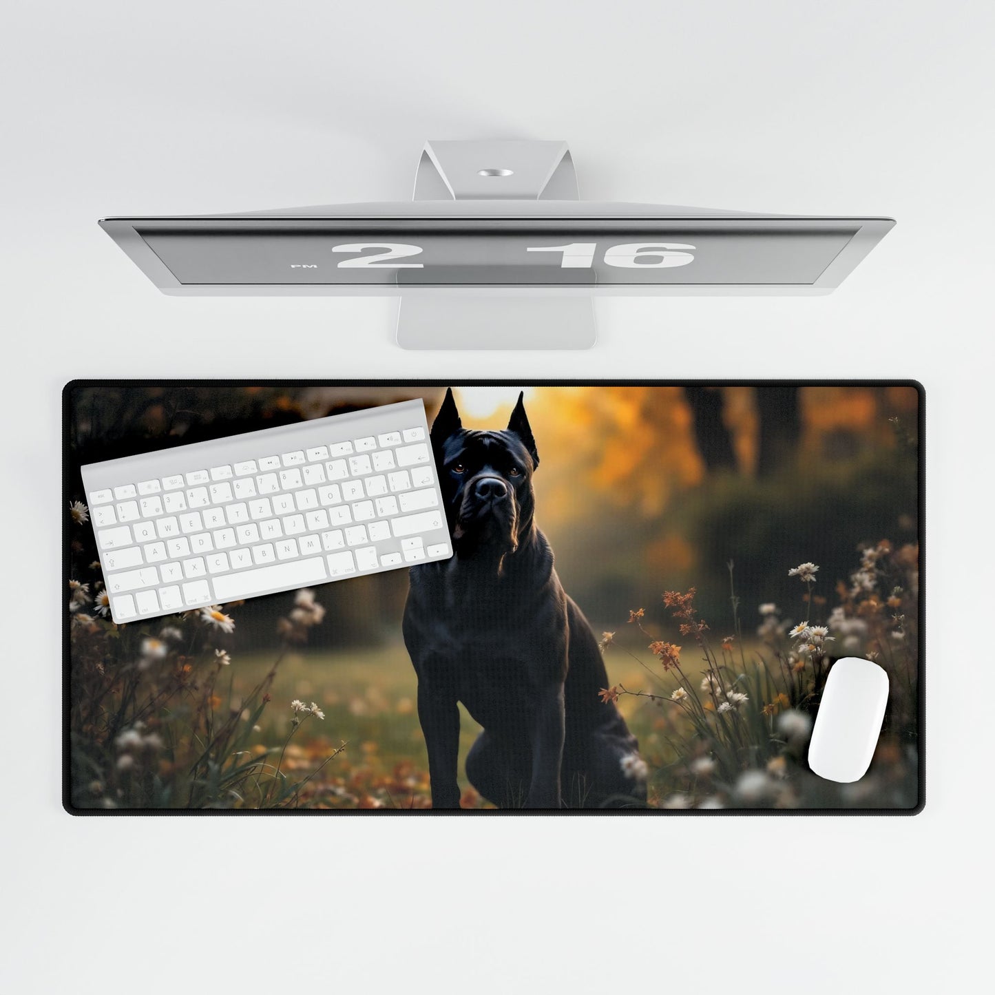 Beautiful Black Cane Corso Sitting in a Yard with Flowers Around, Dog Lover Gift, Office Decor, Desk Accessory,