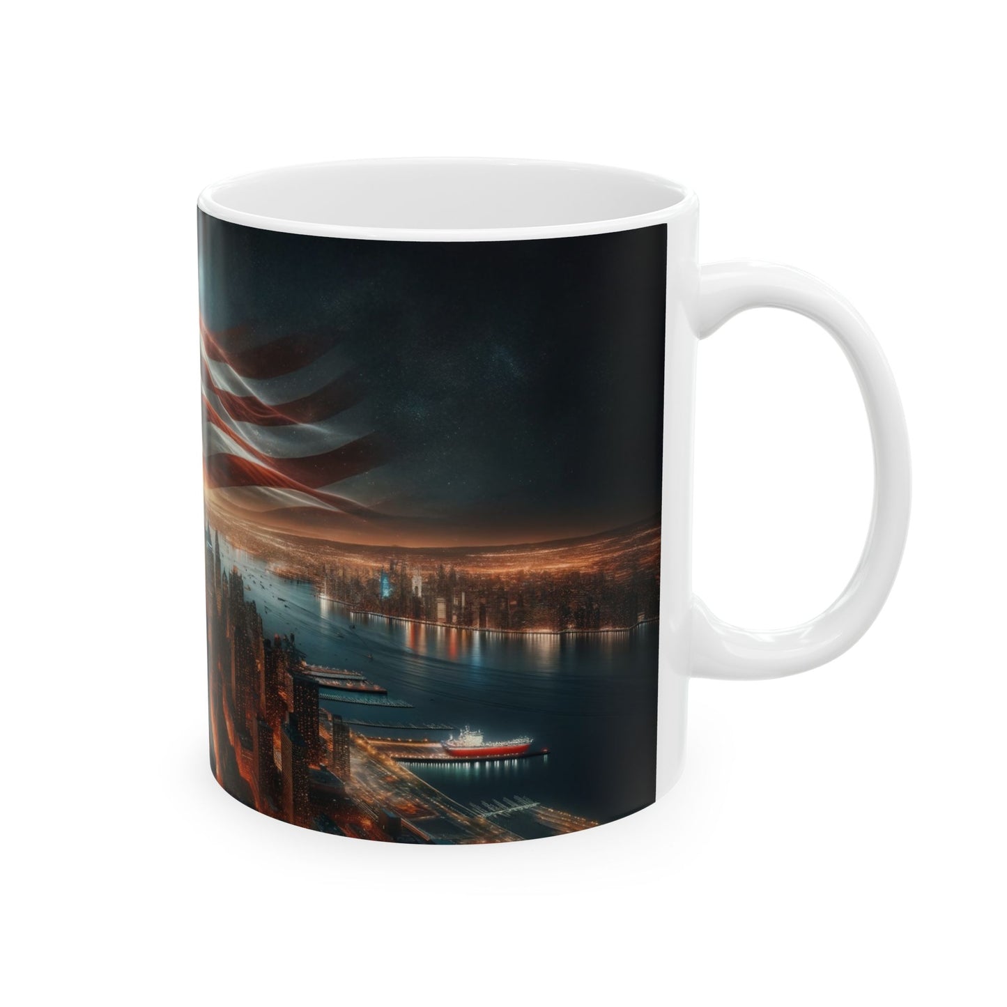 Patriotic Coffee Mug – New York City Skyline with One World Trade Center & American Flag