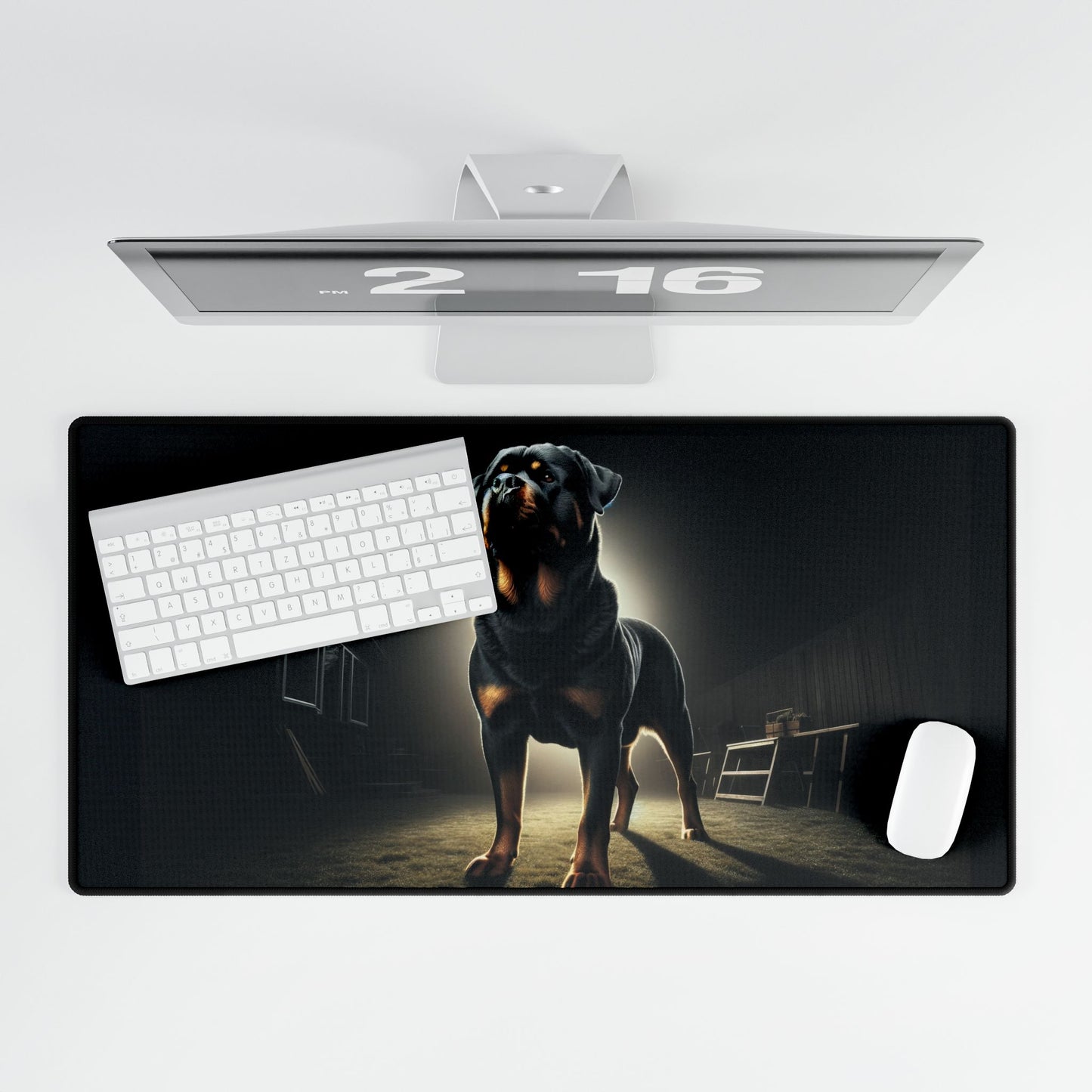 Rottweiler Desk Mat – Majestic Night Scene in a Starlit Backyard