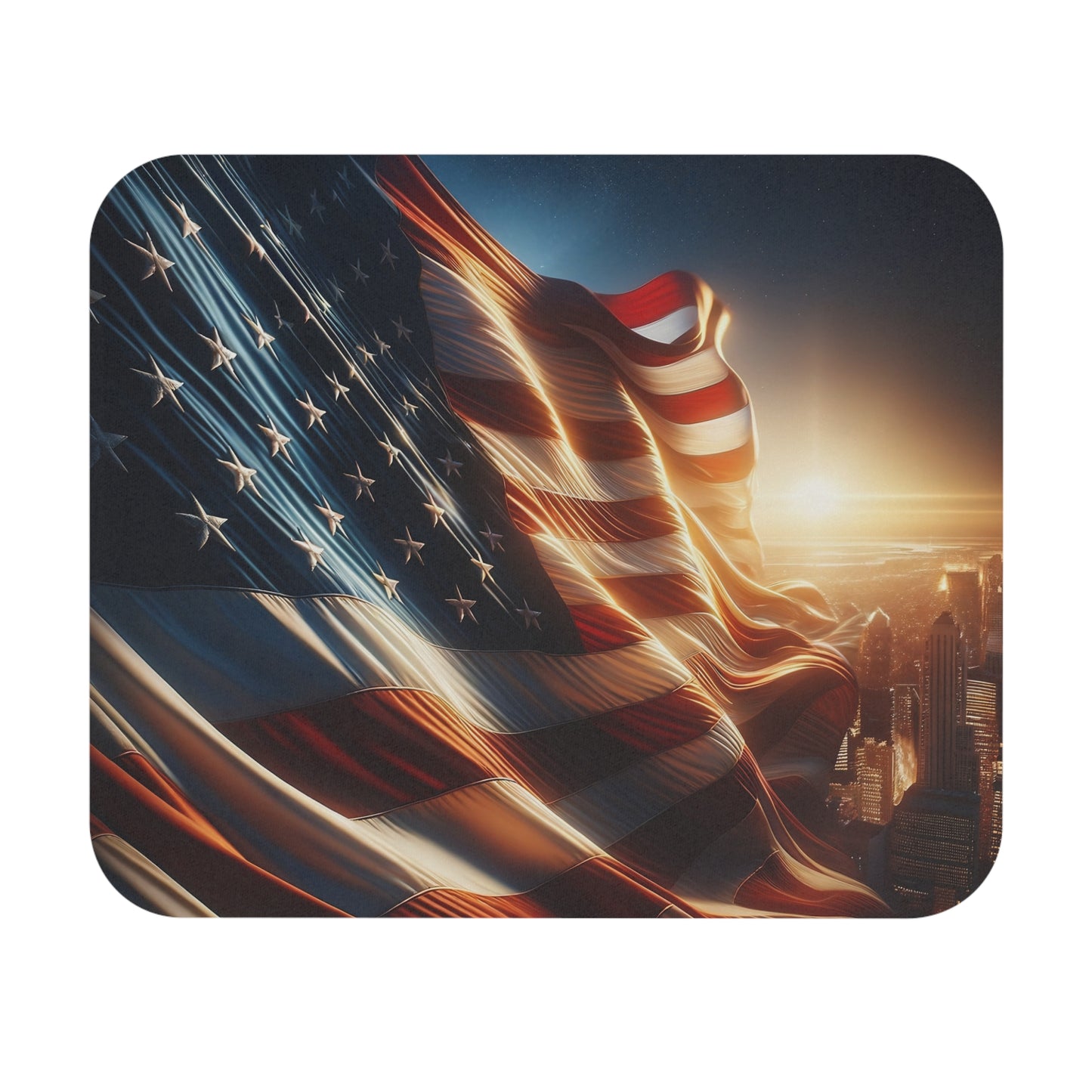 Patriotic Mouse Pad – American Flag Waving Proudly Over the City Skyline