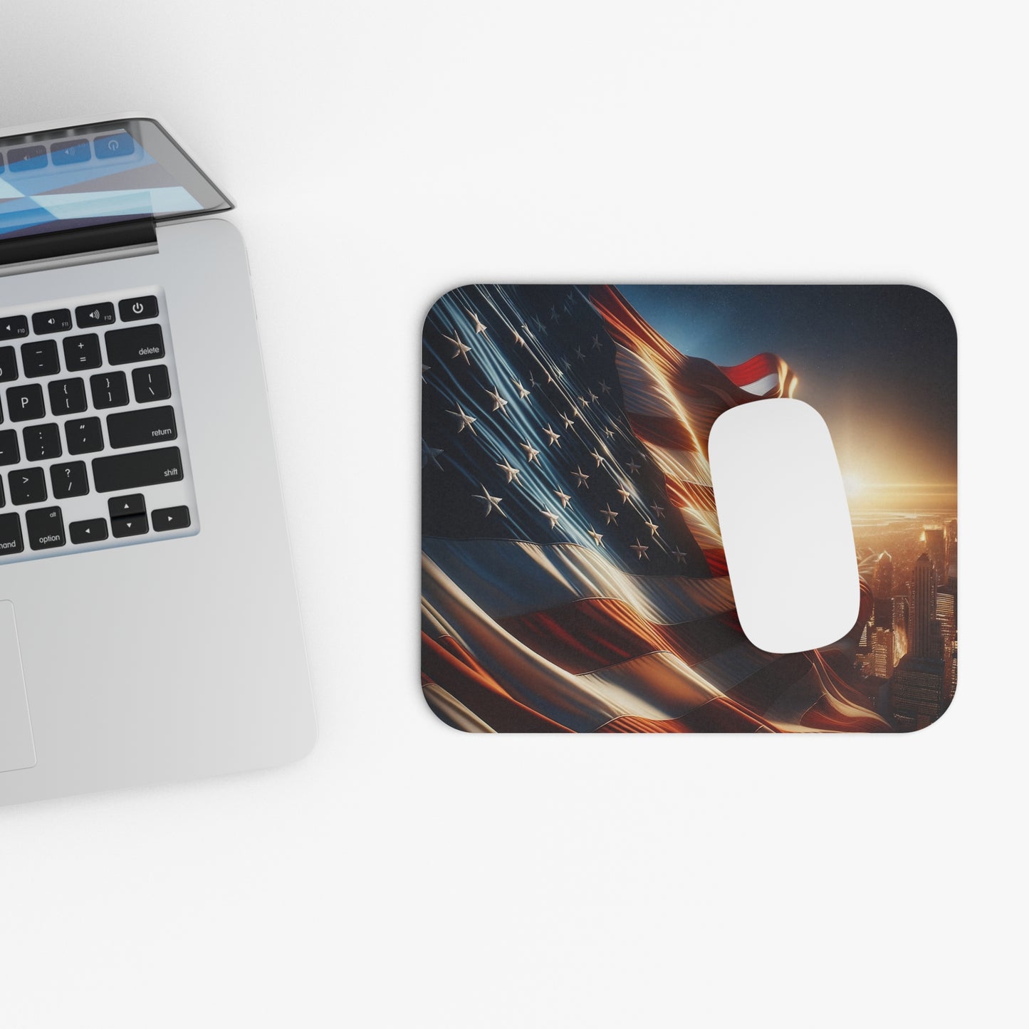 Patriotic Mouse Pad – American Flag Waving Proudly Over the City Skyline