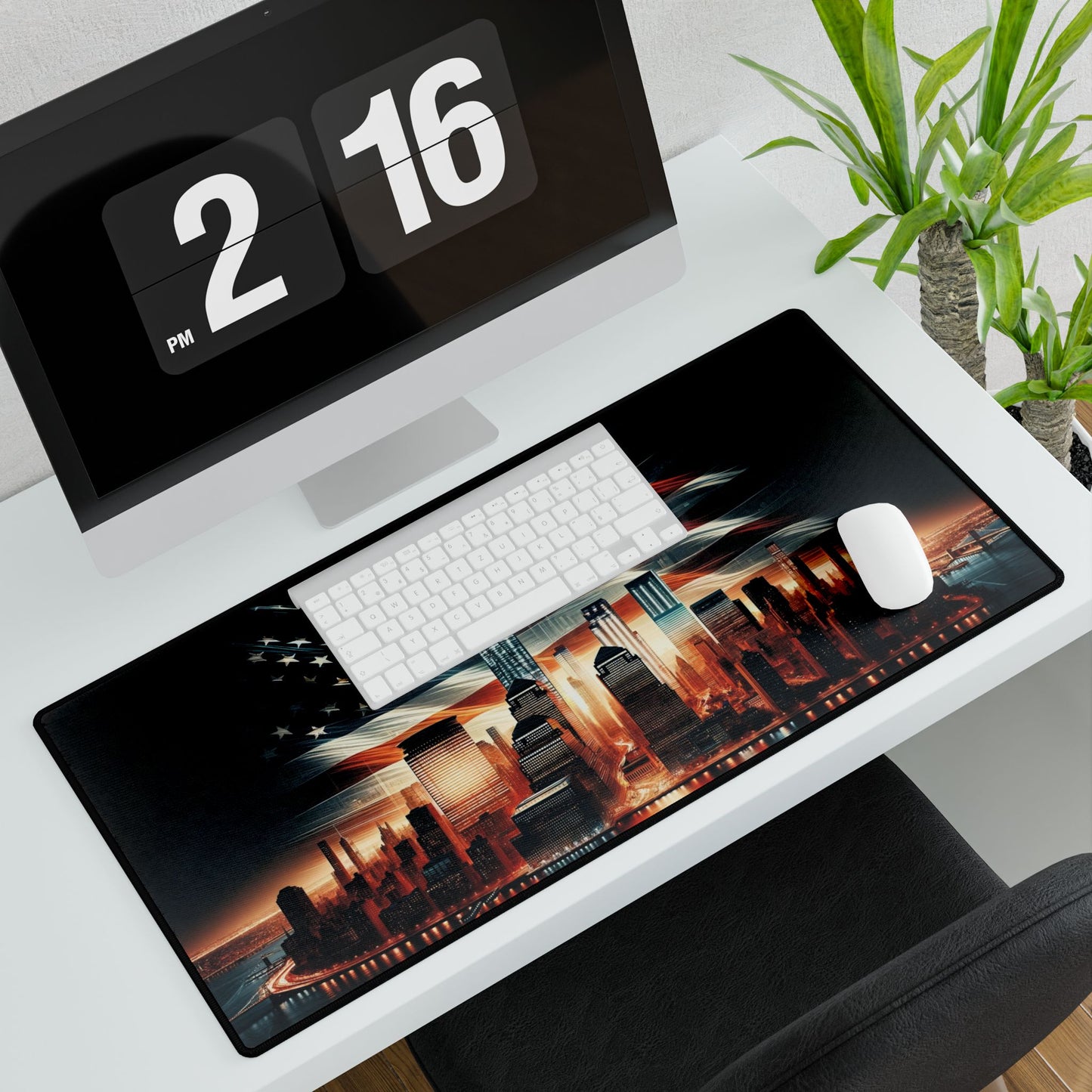 Patriotic Desk Mat – American Flag Backdrop with New York City and One World Trade Center