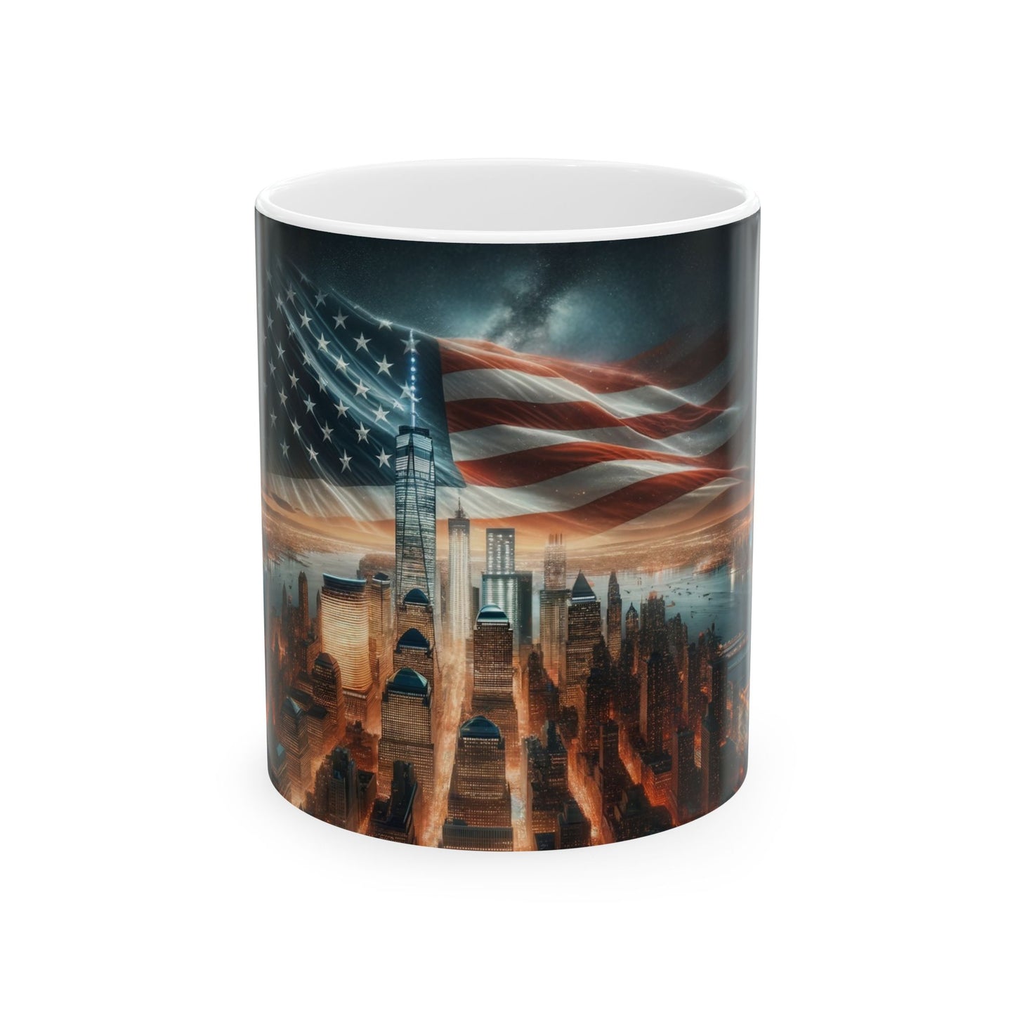 Patriotic Coffee Mug – New York City Skyline with One World Trade Center & American Flag