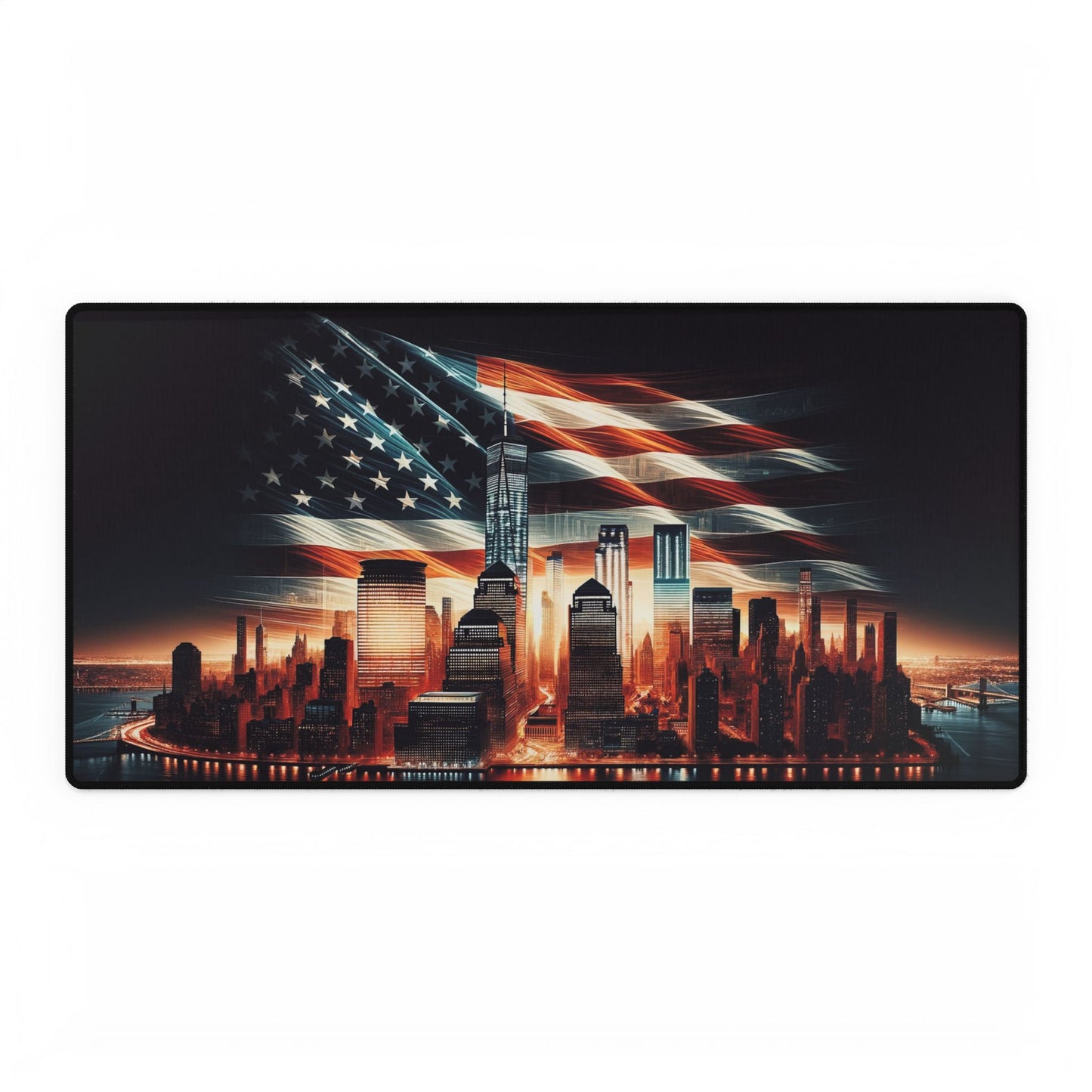Patriotic Desk Mat – American Flag Backdrop with New York City and One World Trade Center