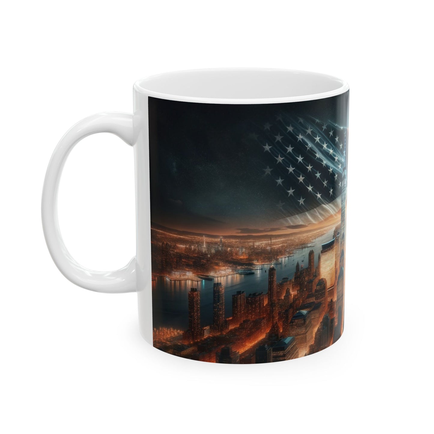Patriotic Coffee Mug – New York City Skyline with One World Trade Center & American Flag