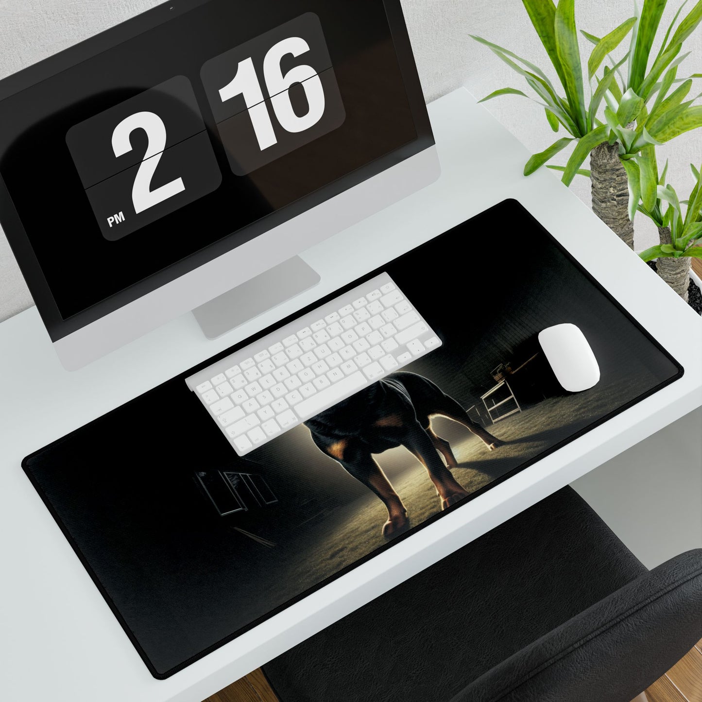 Rottweiler Desk Mat – Majestic Night Scene in a Starlit Backyard