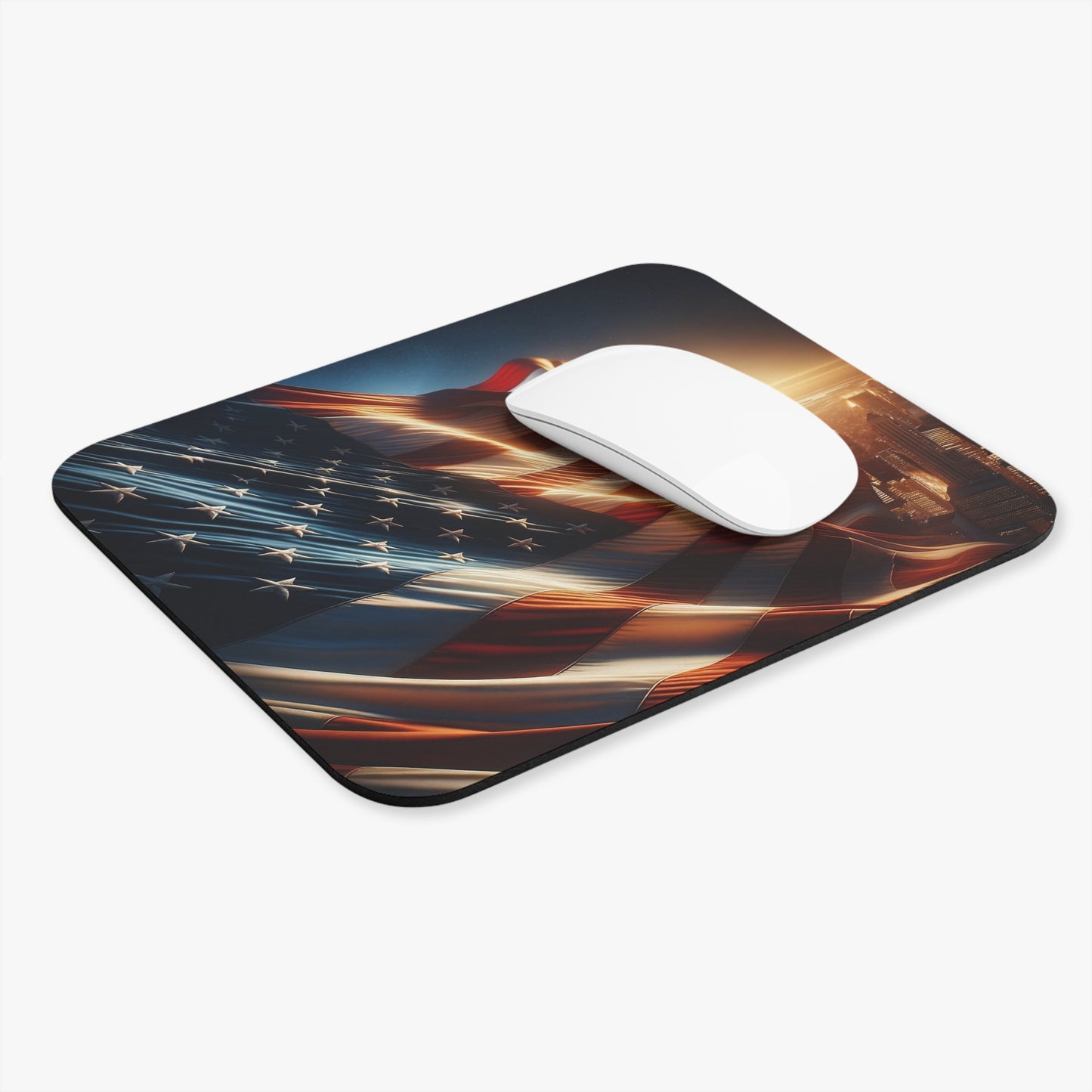 Patriotic Mouse Pad – American Flag Waving Proudly Over the City Skyline