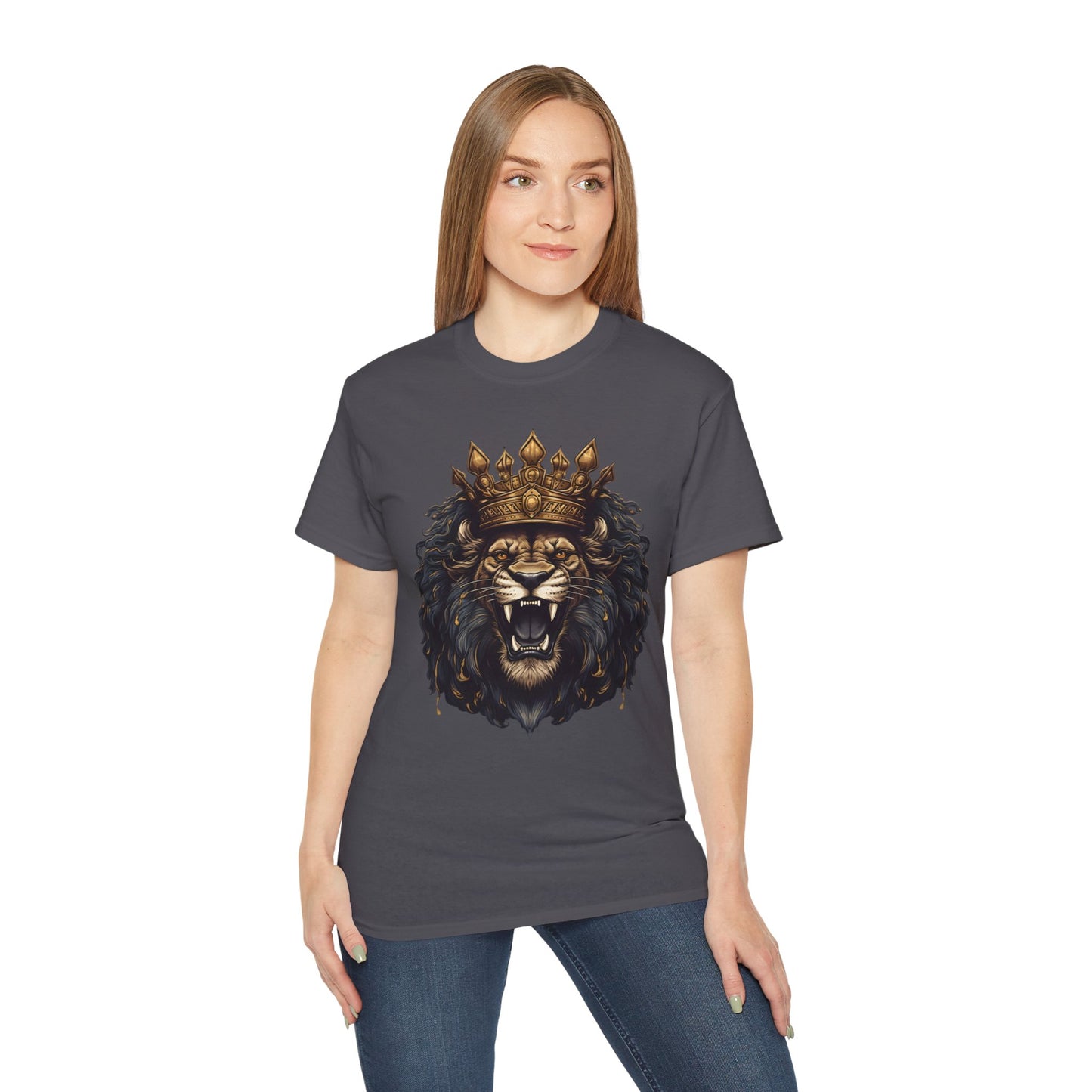 Regal Lion King T-Shirt - Majestic Roaring Lion with Crown Graphic Tee - Unisex, Bold Animal Print Shirt